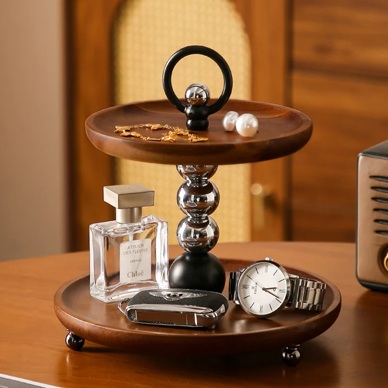 Contemporary Retro Acacia Wood Iron Round Desktop Storage Shelf 2-Tier For Living Room & Bedroom