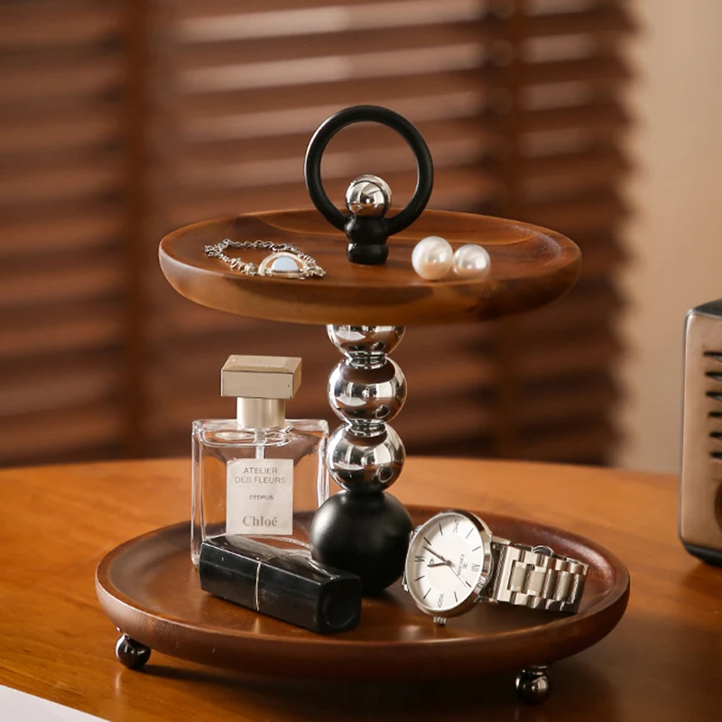 Contemporary Retro Acacia Wood Iron Round Desktop Storage Shelf 2-Tier For Living Room & Bedroom