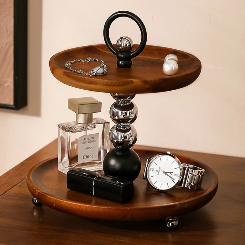 Contemporary Retro Acacia Wood Iron Round Desktop Storage Shelf 2-Tier For Living Room & Bedroom