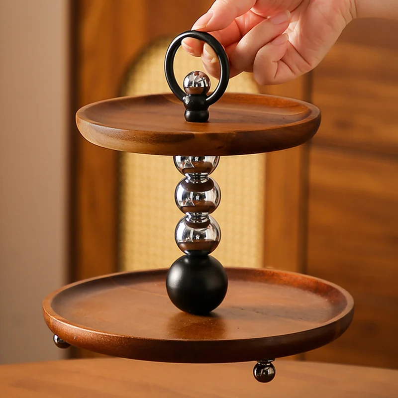 Contemporary Retro Acacia Wood Iron Round Desktop Storage Shelf 2-Tier For Living Room & Bedroom