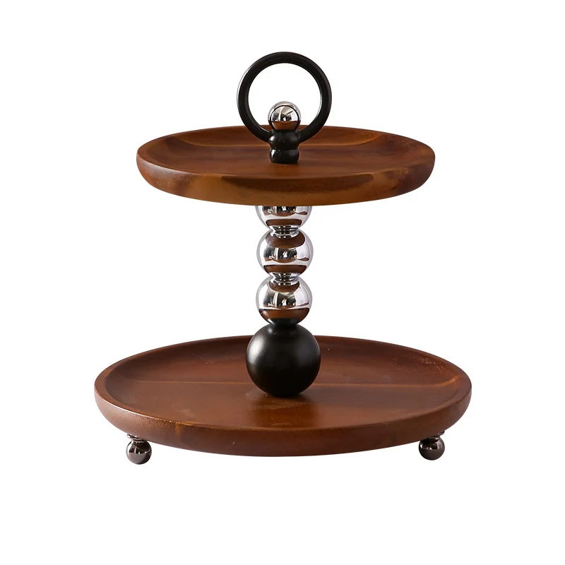 Contemporary Retro Acacia Wood Iron Round Desktop Storage Shelf 2-Tier For Living Room & Bedroom