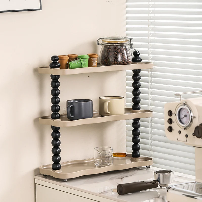 Contemporary Nordic High-Density Resin Oak Wood Rectangular Wave-Shaped Desktop Storage Shelf 3-Tier For Living Room & Bedroom