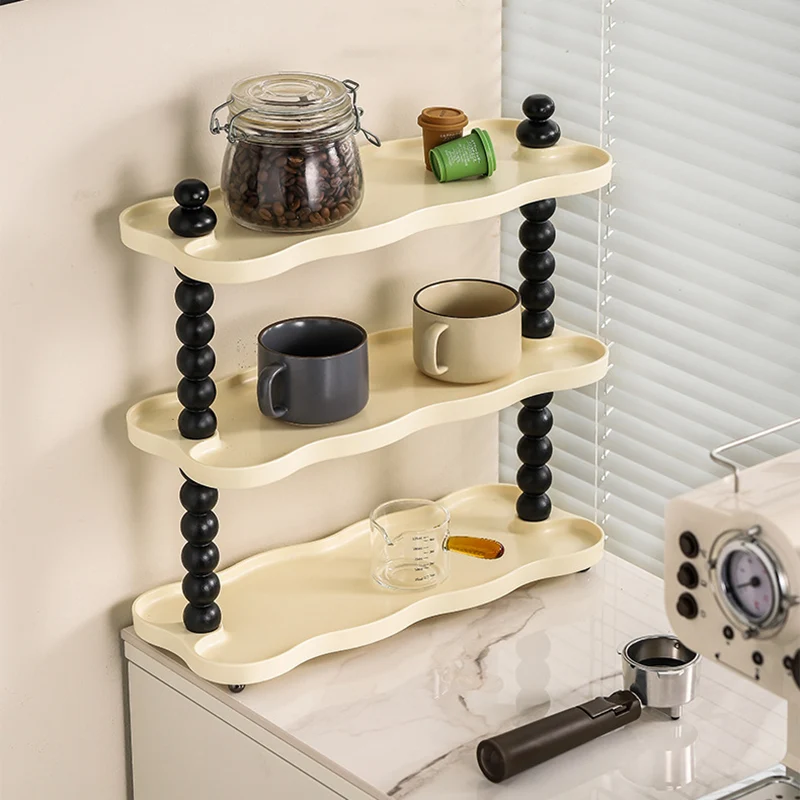 Contemporary Nordic High-Density Resin Oak Wood Rectangular Wave-Shaped Desktop Storage Shelf 3-Tier For Living Room & Bedroom