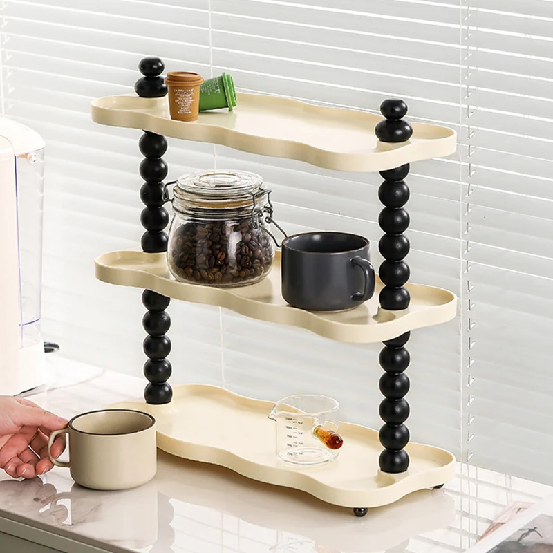 Contemporary Nordic High-Density Resin Oak Wood Rectangular Wave-Shaped Desktop Storage Shelf 3-Tier For Living Room & Bedroom