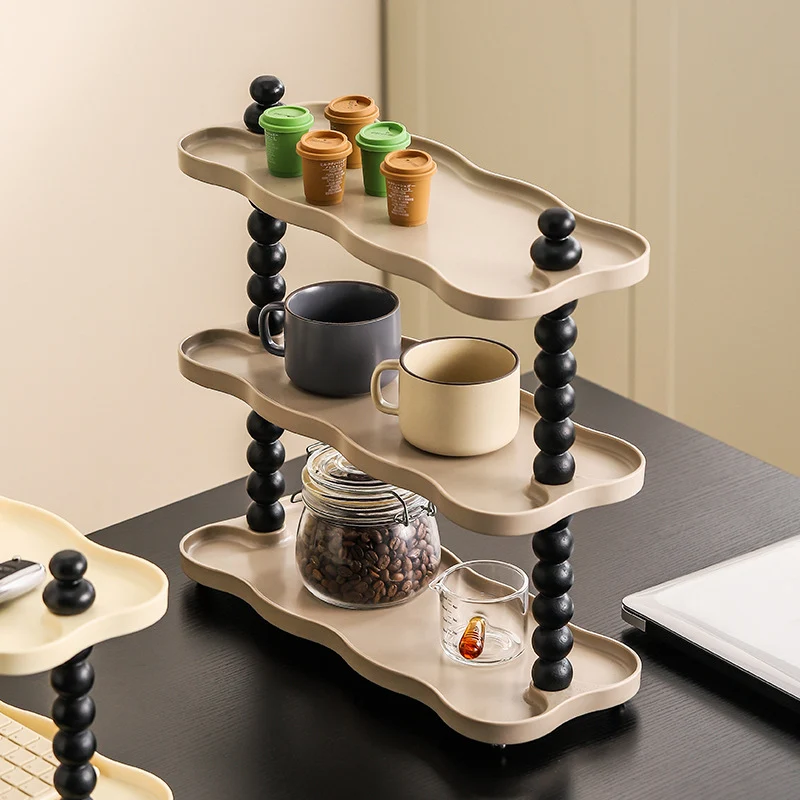 Contemporary Nordic High-Density Resin Oak Wood Rectangular Wave-Shaped Desktop Storage Shelf 3-Tier For Living Room & Bedroom