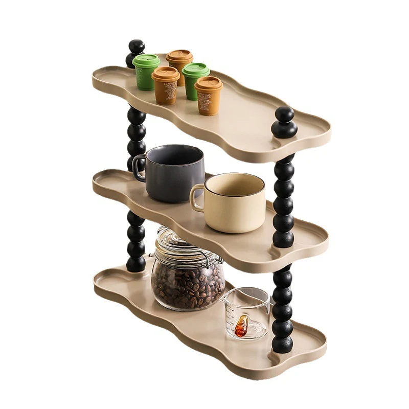 Contemporary Nordic High-Density Resin Oak Wood Rectangular Wave-Shaped Desktop Storage Shelf 3-Tier For Living Room & Bedroom