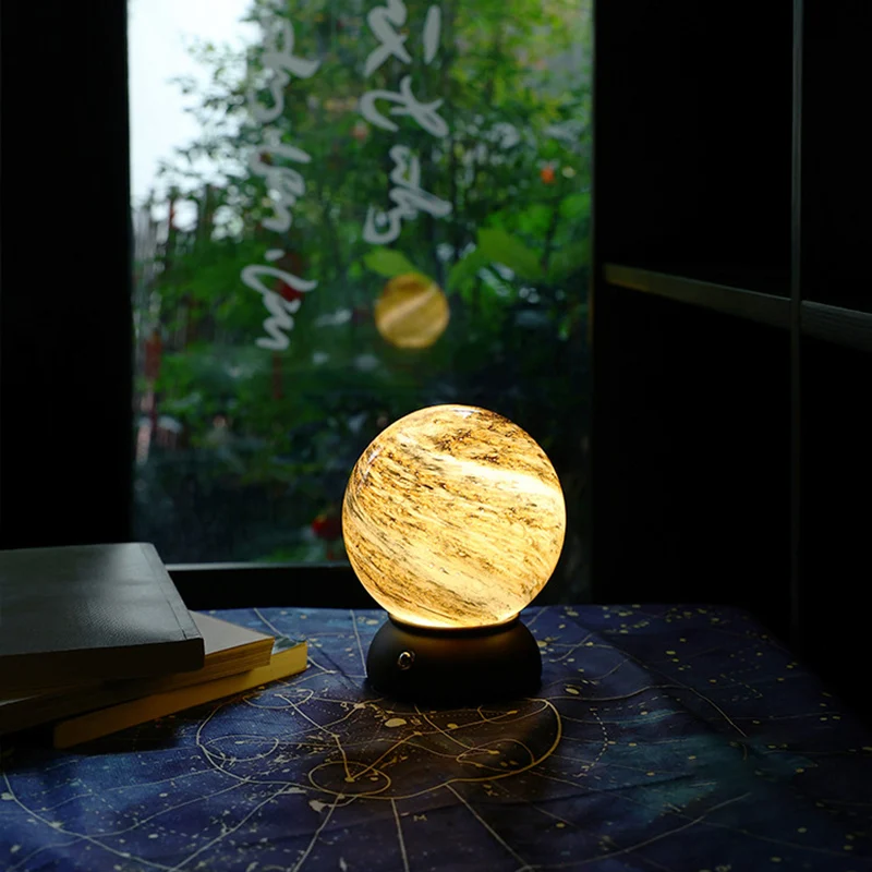 Artistic Glass Planet Sphere USB Rechargeable Table Lamp - Art Deco Touch Dimmable Brightness Ambient Bedside Lighting For Bedroom
