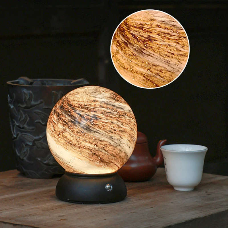 Artistic Glass Planet Sphere USB Rechargeable Table Lamp - Art Deco Touch Dimmable Brightness Ambient Bedside Lighting For Bedroom