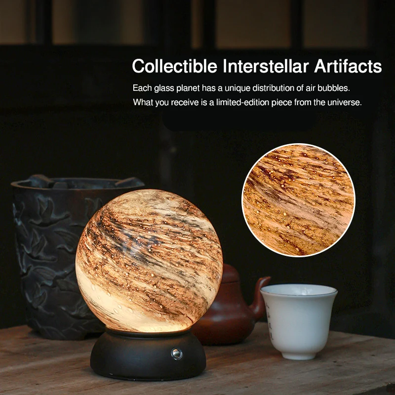 Artistic Glass Planet Sphere USB Rechargeable Table Lamp - Art Deco Touch Dimmable Brightness Ambient Bedside Lighting For Bedroom