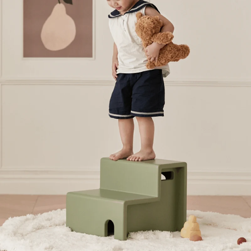 Beech Wood Cherry Wood Stable 2-Step Toddler Stool Kids Footstool - Nordic Stool With Rounded Corners & Easy-Carry Handles For Living Room