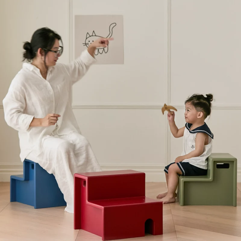 Beech Wood Cherry Wood Stable 2-Step Toddler Stool Kids Footstool - Nordic Stool With Rounded Corners & Easy-Carry Handles For Living Room