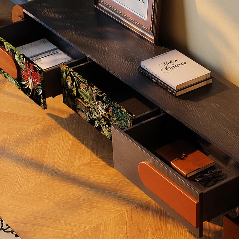 Traditional French Ash Wood & Plywood Velvet TV Stand - Retro Entertainment Console With 3 Drawers & Elevated Legs