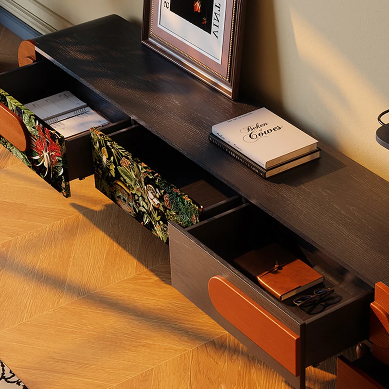 Traditional French Ash Wood & Plywood Velvet TV Stand - Retro Entertainment Console With 3 Drawers & Elevated Legs