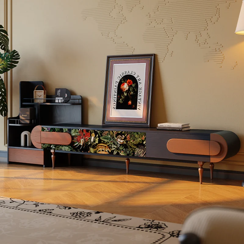 Traditional French Ash Wood & Plywood Velvet TV Stand - Retro Entertainment Console With 3 Drawers & Elevated Legs