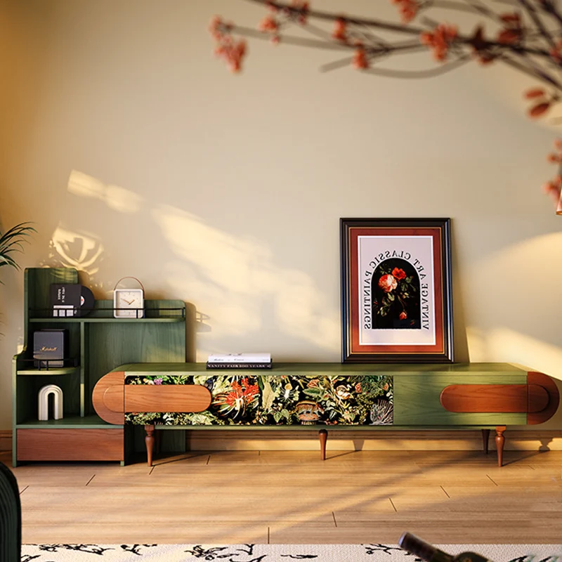 Traditional French Ash Wood & Plywood Velvet TV Stand - Retro Entertainment Console With 3 Drawers & Elevated Legs