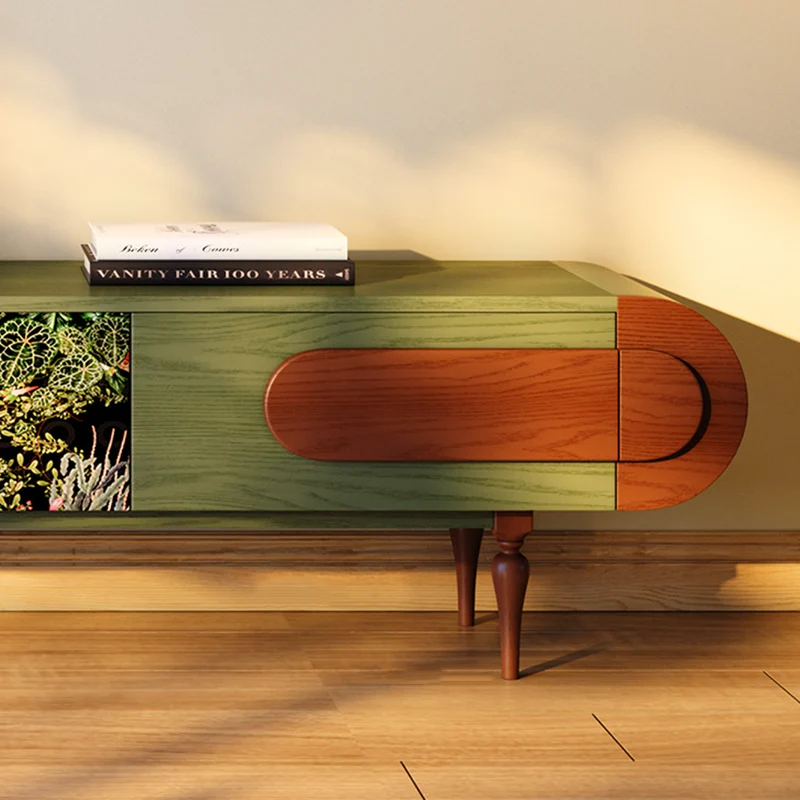 Traditional French Ash Wood & Plywood Velvet TV Stand - Retro Entertainment Console With 3 Drawers & Elevated Legs