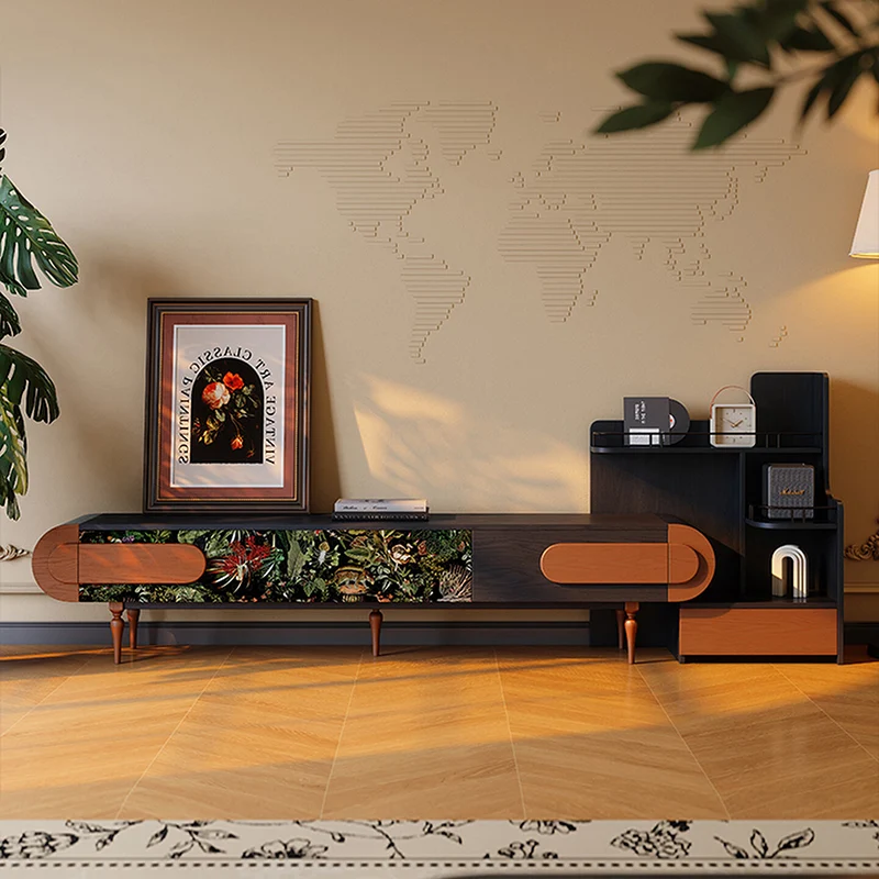Traditional French Ash Wood & Plywood Velvet TV Stand - Retro Entertainment Console With 3 Drawers & Elevated Legs