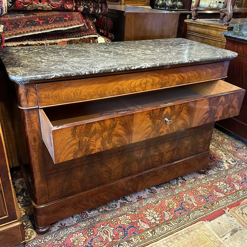 French mahogany and black marble chest of drawers