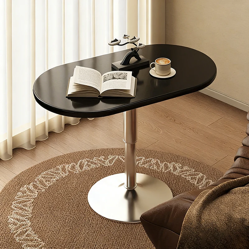 Modern Minimalist Stone Slab MDF Top Steel Oval Side Table With Adjustable Height & Rotating Desktop For Living Room & Bedroom