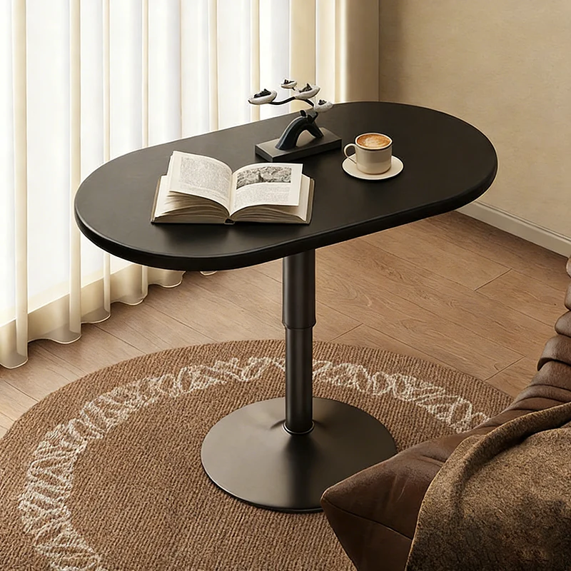 Modern Minimalist Stone Slab MDF Top Steel Oval Side Table With Adjustable Height & Rotating Desktop For Living Room & Bedroom