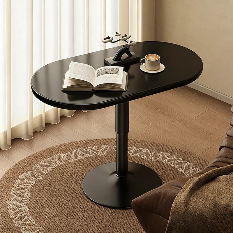 Modern Minimalist Stone Slab MDF Top Steel Oval Side Table With Adjustable Height & Rotating Desktop For Living Room & Bedroom