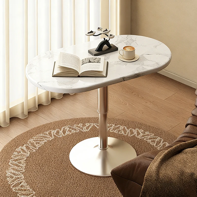 Modern Minimalist Stone Slab MDF Top Steel Oval Side Table With Adjustable Height & Rotating Desktop For Living Room & Bedroom