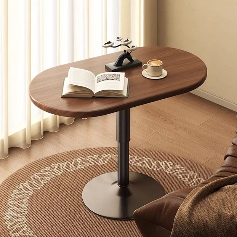 Modern Minimalist Stone Slab MDF Top Steel Oval Side Table With Adjustable Height & Rotating Desktop For Living Room & Bedroom