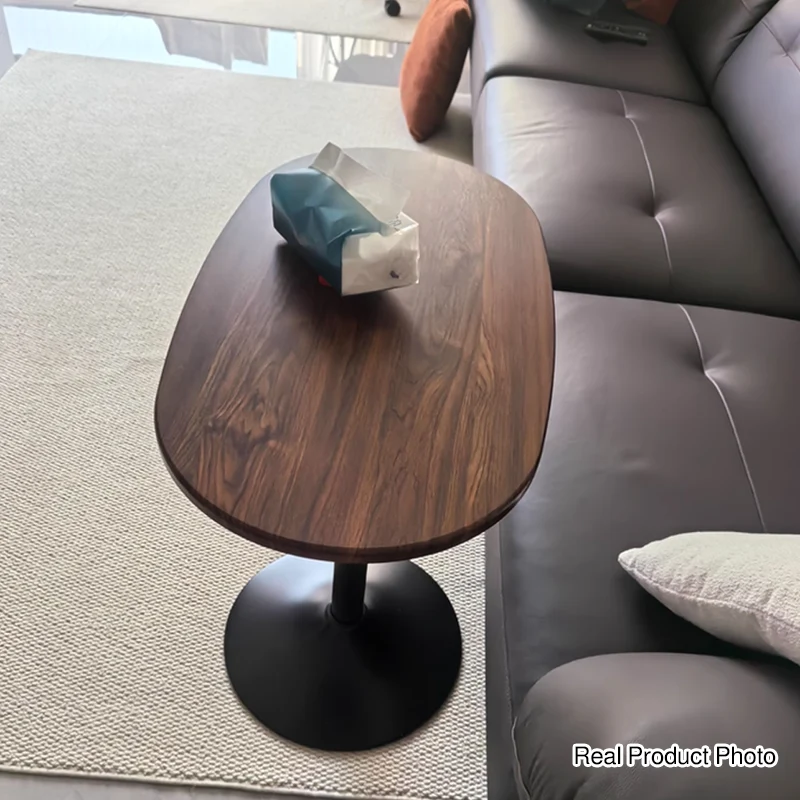 Modern Minimalist Stone Slab MDF Top Steel Oval Side Table With Adjustable Height & Rotating Desktop For Living Room & Bedroom