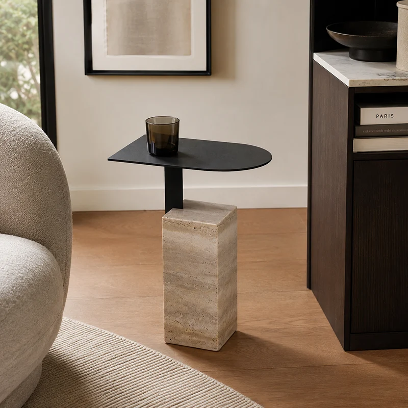 Contemporary Nordic Travertine Stone Steel Rounded Corner Side Table For Living Room & Bedroom
