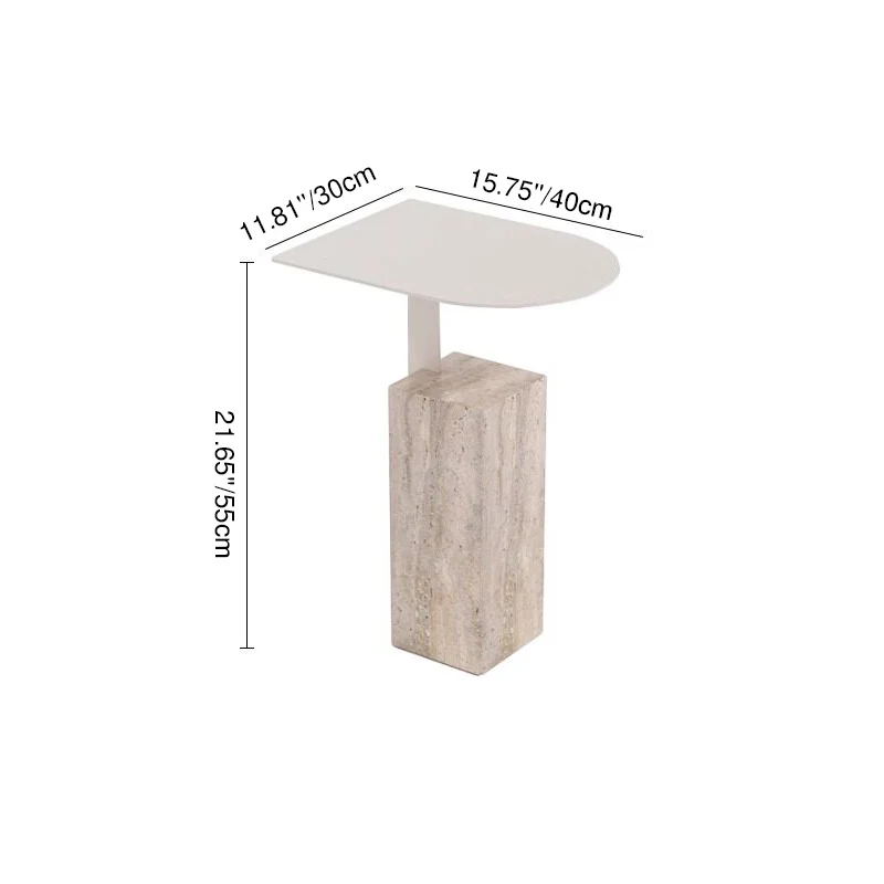 Contemporary Nordic Travertine Stone Steel Rounded Corner Side Table For Living Room & Bedroom