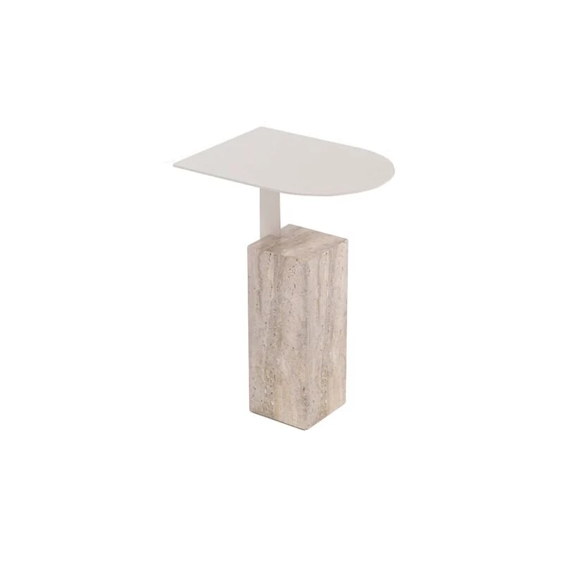 Contemporary Nordic Travertine Stone Steel Rounded Corner Side Table For Living Room & Bedroom