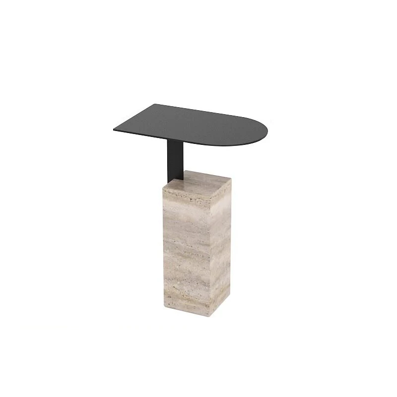 Contemporary Nordic Travertine Stone Steel Rounded Corner Side Table For Living Room & Bedroom