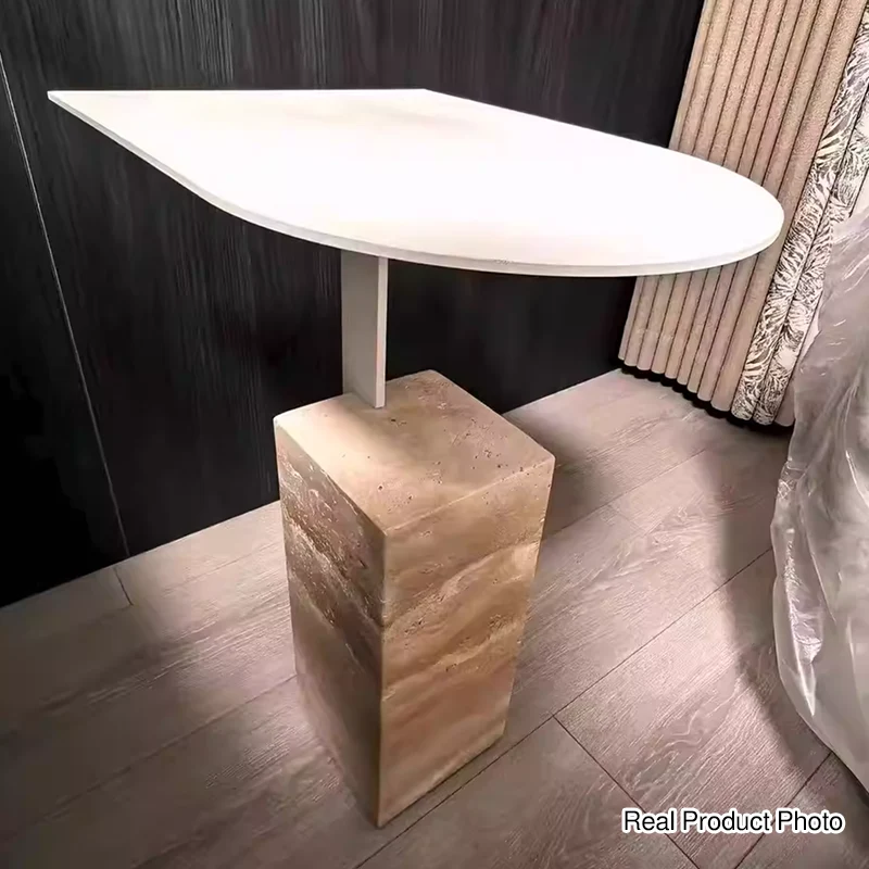 Contemporary Nordic Travertine Stone Steel Rounded Corner Side Table For Living Room & Bedroom