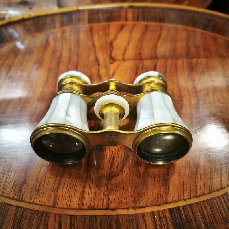 German Optiker Ruhnke binoculars in white mother-of-pearl and gold-plated metal
