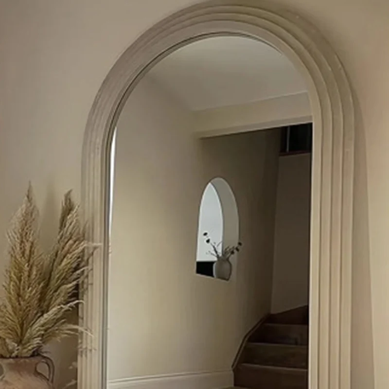 Contemporary Retro Pine Wood Arched Leaning Full-Length Mirror For Bedroom & Living Room Elegant Floor Mirror