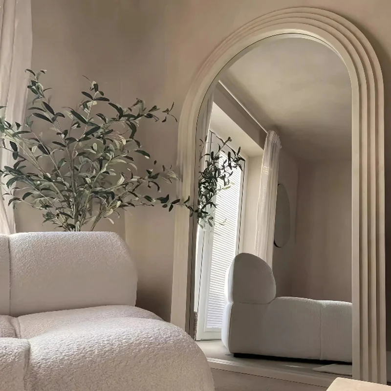 Contemporary Retro Pine Wood Arched Leaning Full-Length Mirror For Bedroom & Living Room Elegant Floor Mirror
