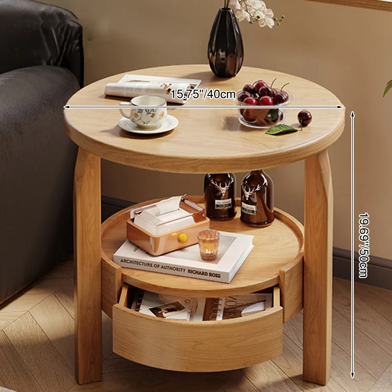 Modern Minimalist Solid Rubberwood & Plywood Round Side Table With Drawer & 2-Tier Storage For Living Room & Bedroom