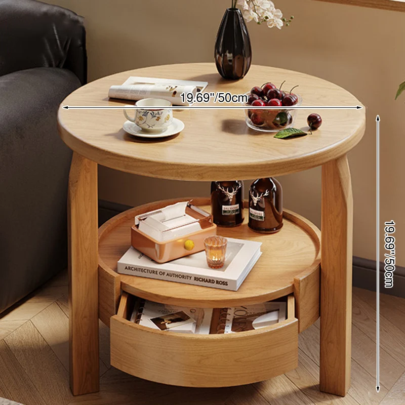 Modern Minimalist Solid Rubberwood & Plywood Round Side Table With Drawer & 2-Tier Storage For Living Room & Bedroom