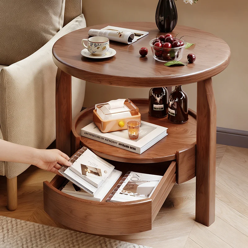 Modern Minimalist Solid Rubberwood & Plywood Round Side Table With Drawer & 2-Tier Storage For Living Room & Bedroom