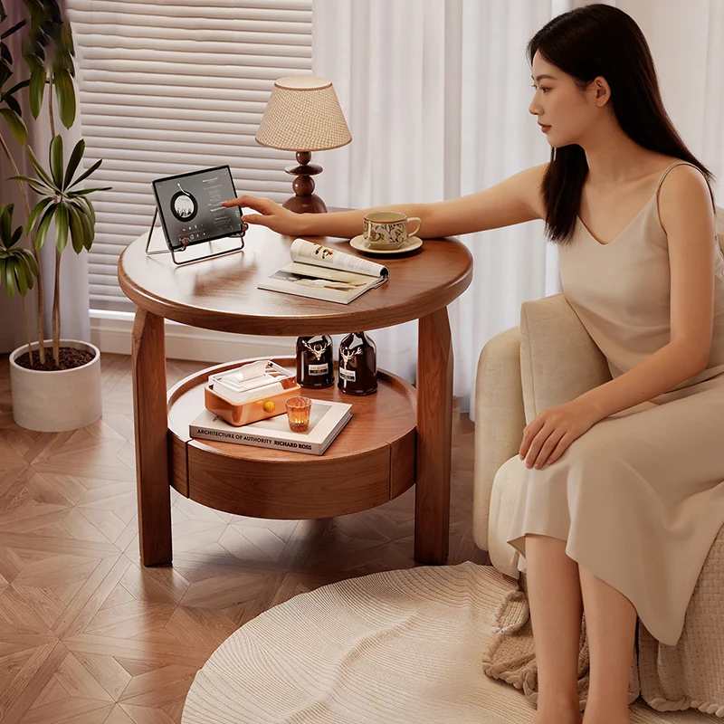 Modern Minimalist Solid Rubberwood & Plywood Round Side Table With Drawer & 2-Tier Storage For Living Room & Bedroom
