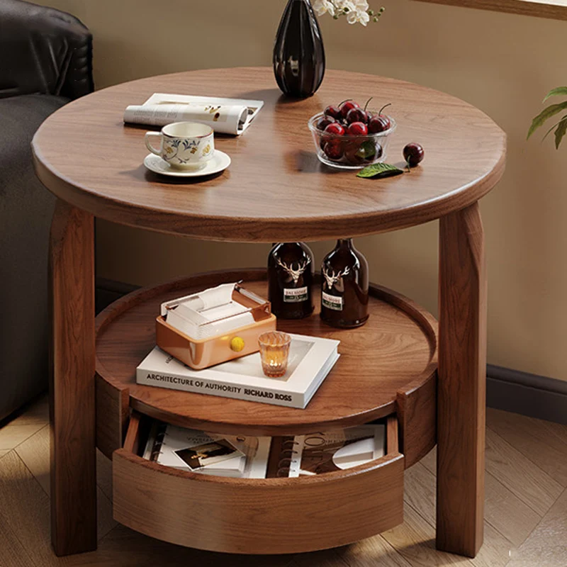 Modern Minimalist Solid Rubberwood & Plywood Round Side Table With Drawer & 2-Tier Storage For Living Room & Bedroom