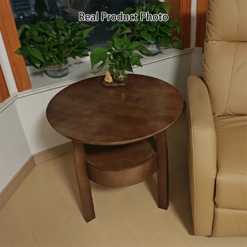 Modern Minimalist Solid Rubberwood & Plywood Round Side Table With Drawer & 2-Tier Storage For Living Room & Bedroom