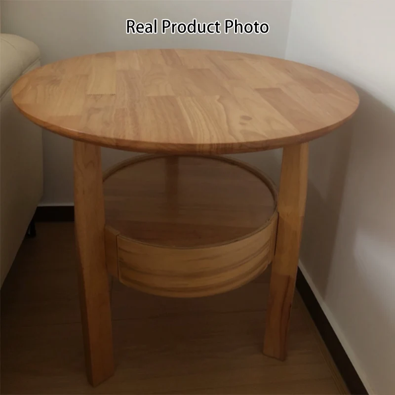 Modern Minimalist Solid Rubberwood & Plywood Round Side Table With Drawer & 2-Tier Storage For Living Room & Bedroom