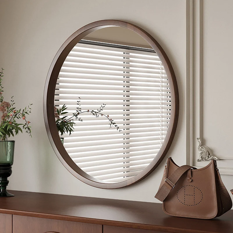 Modern Minimalist Rubber Wood Round HD Makeup Mirror For Bedroom & Bathroom Wall Mounted Or Leaning