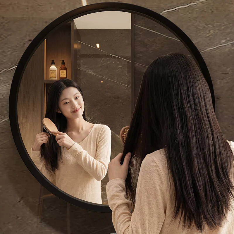 Modern Minimalist Rubber Wood Round HD Makeup Mirror For Bedroom & Bathroom Wall Mounted Or Leaning