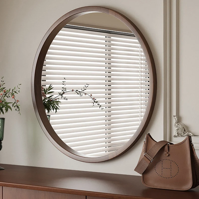 Modern Minimalist Rubber Wood Round HD Makeup Mirror For Bedroom & Bathroom Wall Mounted Or Leaning