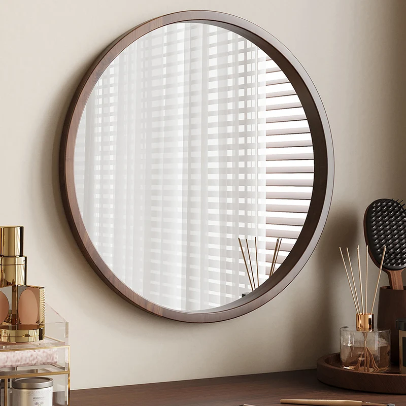 Modern Minimalist Rubber Wood Round HD Makeup Mirror For Bedroom & Bathroom Wall Mounted Or Leaning