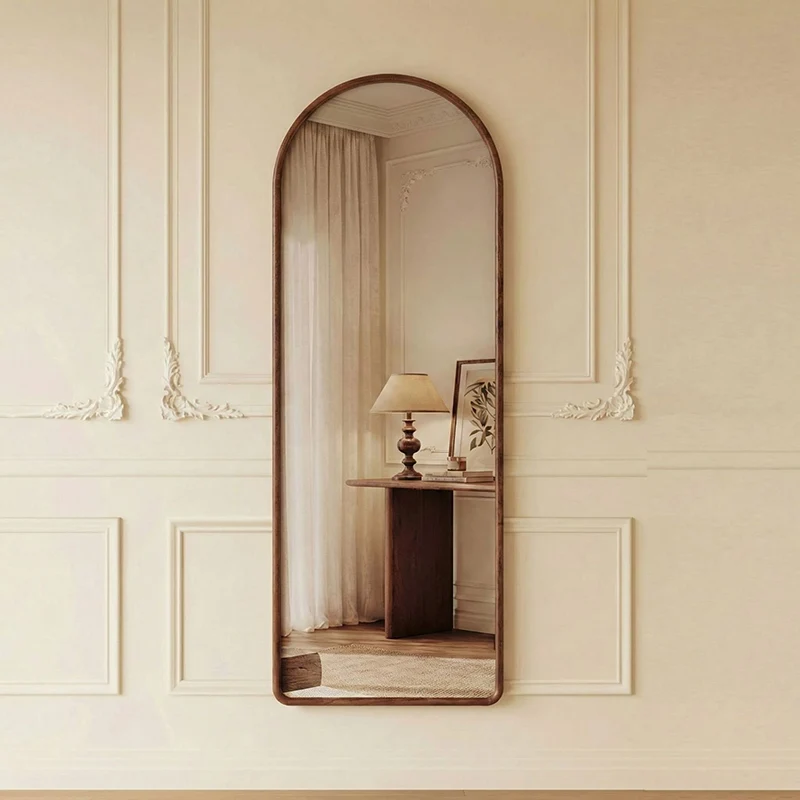 Contemporary Retro Rubberwood & Plywood Arched Leaning Full-Length Mirror For Bedroom