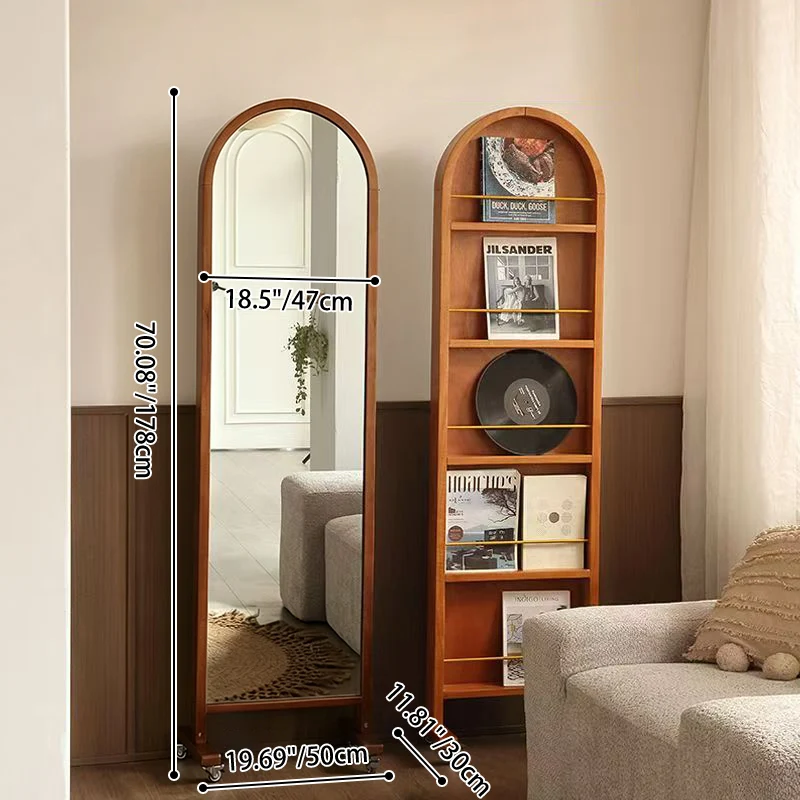 Contemporary Retro Solid Wood & Plywood Aluminum Alloy Glass Arched Storage Shelf 5-Tier Storage With Mirror And Wheels For Living Room Bedroom
