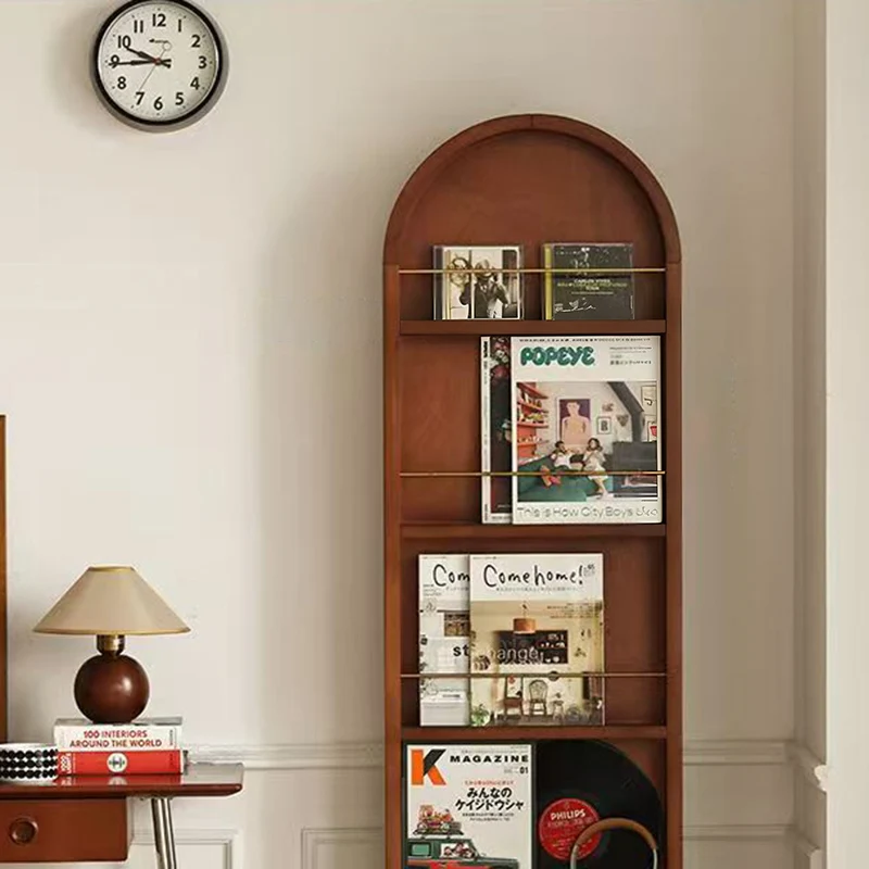 Contemporary Retro Solid Wood & Plywood Aluminum Alloy Glass Arched Storage Shelf 5-Tier Storage With Mirror And Wheels For Living Room Bedroom